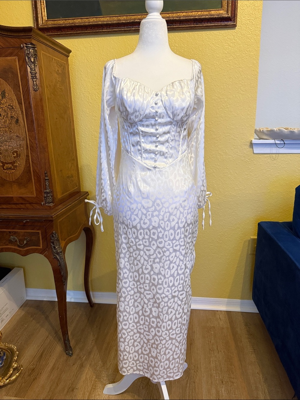 White Satin Leopard Print Long Sleeve Corset Dress